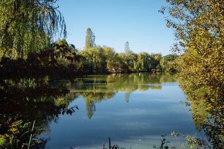 Landscape in city park with lake.の写真素材
