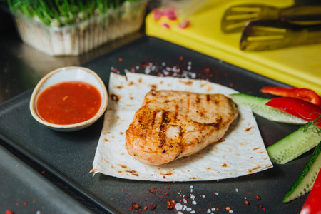 A juicy grilled chicken fillet with fresh vegetables lies in a square, black plate. The fillet is served with sauce.の写真素材