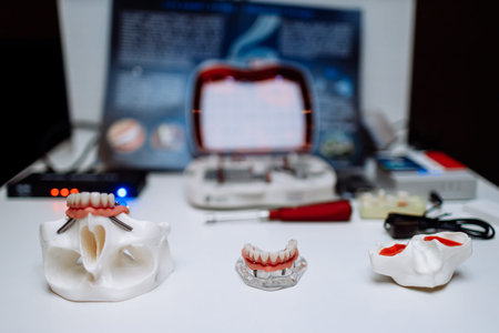 A plastic model of the jaw for prosthetics lies on the table. On a blue background.
