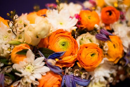 Composition from fresh flowers on a banquet table.の写真素材