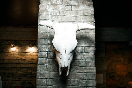 A cattle skull hangs on the wall.