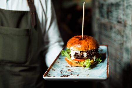Fresh tasty hamburger, ready to serve lies in a plate.の写真素材