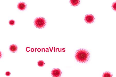 Abstract model of a strain of coronavirus infection CoronaVirus with red text.の写真素材