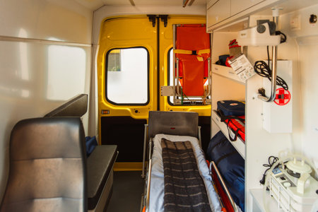 Zaporozhye/Ukraine- November 08 2019 : Ambulance inside. Instrument safety. Medicine and healthcare...
