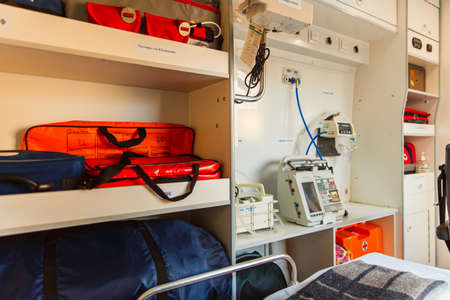 Zaporozhye/Ukraine- November 08 2019 :Emergency equipment and devices, ambulance interior details.のeditorial素材