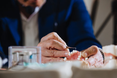 A dental technician processes a cast from the jaw of the patient.
