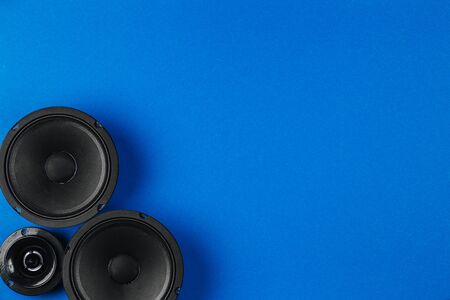 Car audio system on a blue background. Copy space.の写真素材