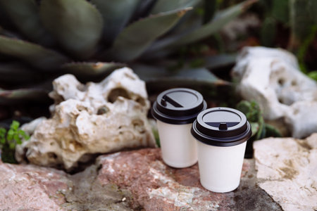 Two cups of coffee to go, cups in white paper on the stones. Behind the stones grow a cactus.