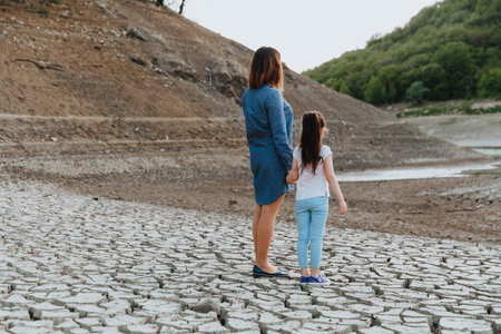 A woman and a girl stand, hand in hand, on dry, cracked ground and look at the lake, which is drying...
