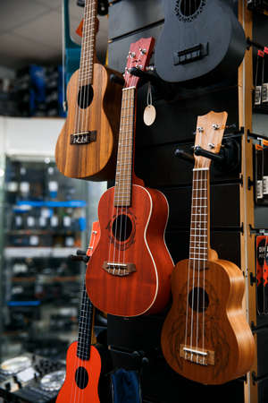 Ukulele Guitar with four strings For Sell In The Marketのeditorial素材
