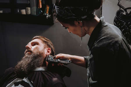 Women professional hairdresser serving client with thick big beard by clipperの写真素材