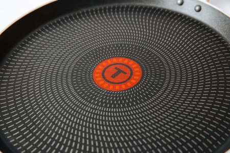 Dniprorudne, Ukraine - January 18 2021 : Close up of Tefal frying pan