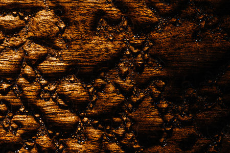 Close-up of wooden surface in transparent drops of water. Wet wood texture. Water drops on polished panelの写真素材