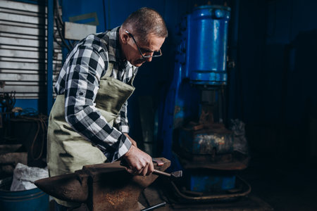 Senior an artisan blacksmith knocks with a hammer on iron to shapeの写真素材