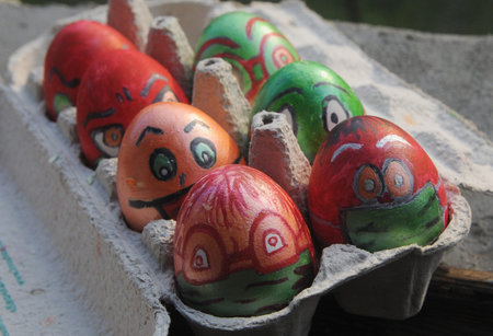 Easter eggs on a table in Kiev, April 20, 2020
