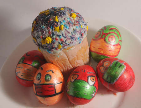 Easter cake and easter eggs on a table in Kiev, April 20, 2020のeditorial素材