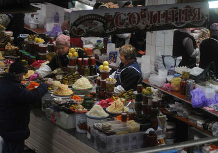 Counter with pickles in the covered part of the Vladimir market in Kiev, January 22, 2019.のeditorial素材