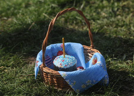 Easter cakes in a basket, in Kiev, April 28, 2019.