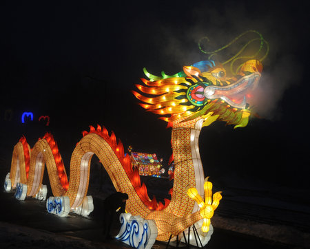 Dragon lanterns during the Giant Chinese Lantern Festival at the Singing Field in Kiev, February 14, 2019.のeditorial素材