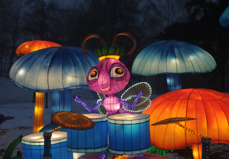 Lanterns in the form of an ant and drums during the Festival of Giant Chinese Lanterns at the Singing Field in Kiev, February 14, 2019.のeditorial素材