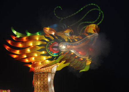 Dragon lanterns during the Giant Chinese Lantern Festival at the Singing Field in Kiev, February 14, 2019.のeditorial素材