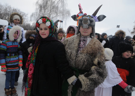 Christmas carols during the celebration of Christmas at the National Museum of Folk Architecture and Life in Kiev, January 7, 2019のeditorial素材
