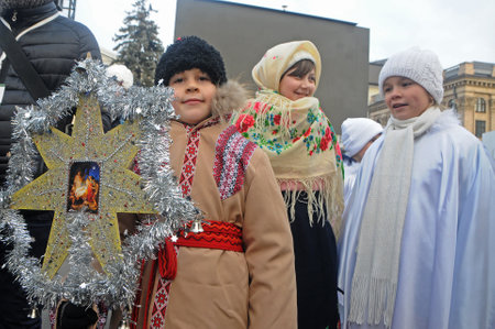 Participants of the Christmas den on Kontraktova Square in Kiev, January 7, 2020のeditorial素材