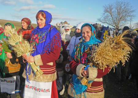 Participants of the ethnographic entertainment program âMeeting with St. Nicholas âat the National Museum of Folk Architecture and Life of Ukraine in Pirogovo, January 12, 2020のeditorial素材