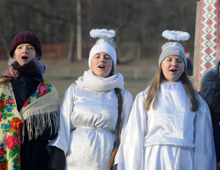 Participants of the ethnographic entertainment program âMeeting with St. Nicholas âat the National Museum of Folk Architecture and Life of Ukraine in Pirogovo, January 12, 2020のeditorial素材