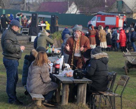 Participants in the ethnographic entertainment program âMeeting with St. Nicholas âat the National Museum of Folk Architecture and Life of Ukraine in Pirogovo, January 12, 2020のeditorial素材