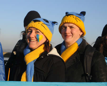 Participants of the action "Unite the banks of the Dnieper" a living chain of "Unity" on the Paton Bridge in Kiev, January 22, 2019.のeditorial素材