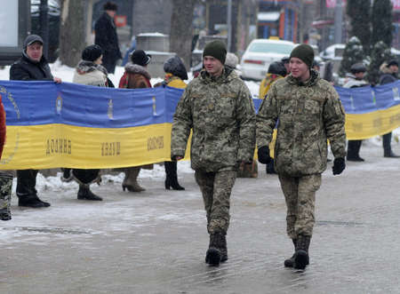 The longest flag of Ukraine was deployed on Khreshchatyk to the Day of Unification of Ukraine, in Kiev, on January 22, 2018.のeditorial素材