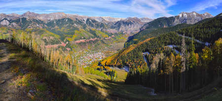colourful mountains and panoramic vew of Telluride, Colorado during foliage seasonの写真素材