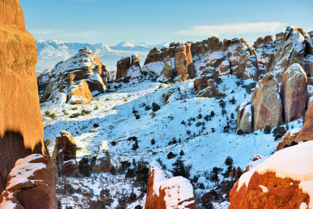 Devil's Garden in Arches National Park, Utah in winterの写真素材