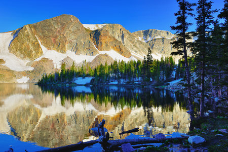 Snowy Range Mountains and lake in Medicine Bow, Wyoming in summer