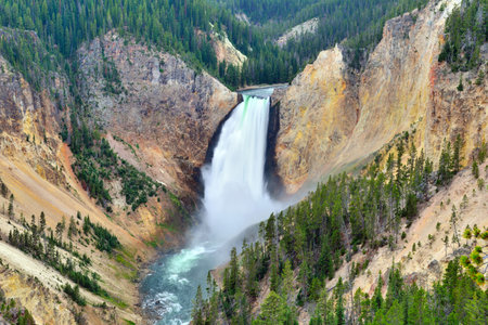 waterwall in the north rim of the canyon of the yellowstone in wyoming during summer