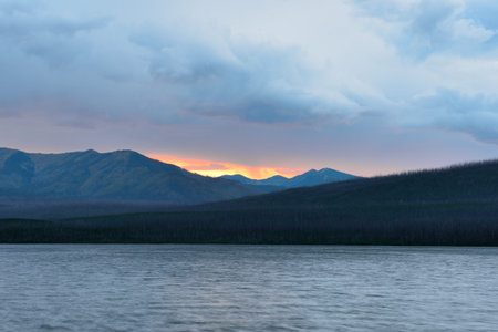 sunset in the Mountains at McDonald lake in Glacier National Park, Montanaの写真素材