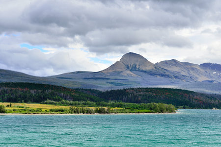 Saint Mary Lake in Glacier National Park during summerの写真素材