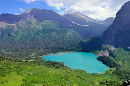 Grinnell Glacier and lake in Glacier National Park in summerの写真素材