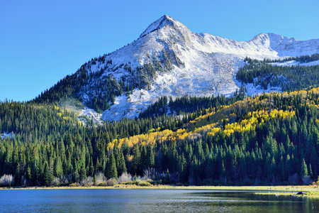 landscape view of the colorful alpine scenery with snow covered mountains during foliage season at Kebler and Ohio Passesの写真素材