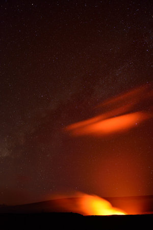 Erupting volcano in Hawaii Volcanoes National Park, Big Island, Hawaii. Night photo with long exposureの写真素材