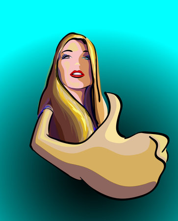 Happy beautiful girl with long hair showing thumb up symbol. colorfull vector illustration.のイラスト素材