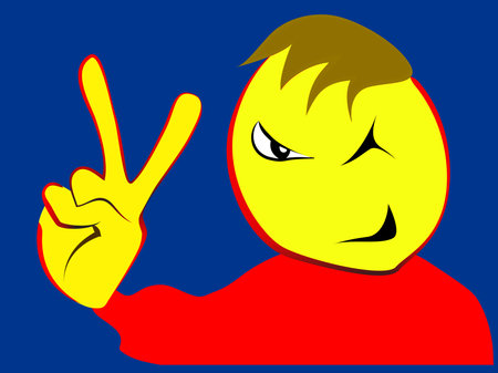 Charismatic boy with victory fingers sign, vector illustrationのイラスト素材