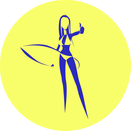 Girl with a surfing board, thumbs up. Vector illustrationのイラスト素材