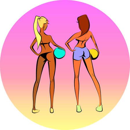 two sports girl with volleyballsの写真素材