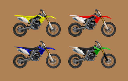 Sport motorcycle motocross technical drawing set. High detalisired colorful Vector illustration.のイラスト素材