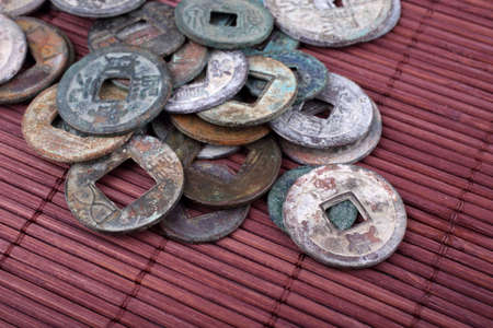 Ancient Chinese coins. Symbol of luckの写真素材