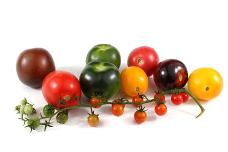 Different color tomatoes and little wild tomatoes isolated on whiteの写真素材
