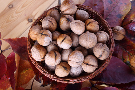 Walnuts on table. Autumn harvest