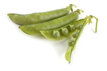 Opened pea pod isolated on whiteの写真素材